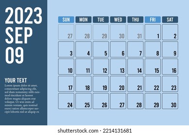 Minimalist 2023 September Calendar. New year Desk Calendar template. Month Planner 
