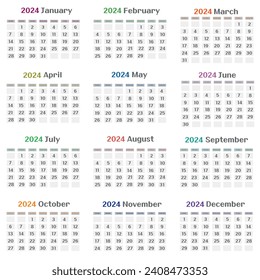 Minimalist 2024 calendar, all months. Week starts on Sunday. 