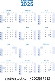 Minimalist 2025 calendar design in blue and white. Full year view with all months on one page. Clean, modern layout ideal for planning, scheduling, and organization. Vector template