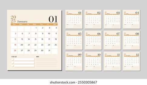 A minimalist 2025 calendar layout featuring all 12 months.