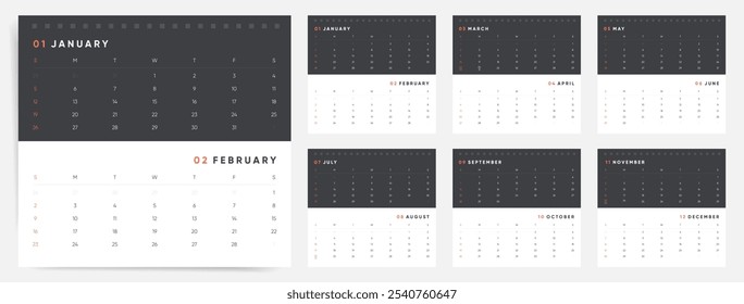 Minimalist 2025 calendar layout, monthly design with black and white theme, two months on one page 2025 calendar, clean vector template