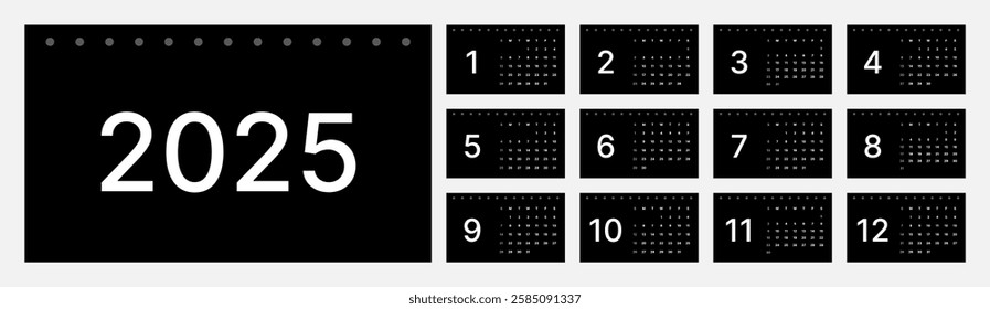 A minimalist 2025 calendar with a modern and elegant black and white design. In a simple format with clear numbers and neat layout, suitable for professional and decorative use.