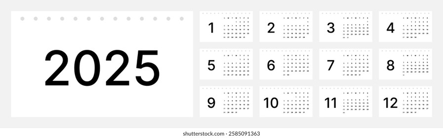 A minimalist 2025 calendar with a modern and elegant white and black design. In a simple format with clear numbers and neat layout, suitable for professional and decorative use.