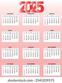 minimalist 2025 calendar template with editable vector design for easy customization.