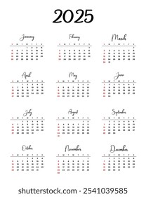 minimalist 2025 calendar template with editable vector design for easy customization.
