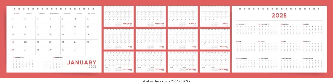 Minimalist 2025 calendar template with monthly and yearly views, simple and clean design calendar  vector, planner for 2025 year.