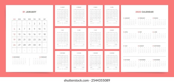 Plantilla de calendario minimalista 2025 con vistas mensuales y anuales, diseño limpio en diseño blanco limpio