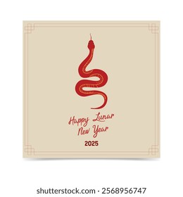 Minimalist 2025 Chinese Lunar New Year card featuring a sleek red snake with cursive font anda clean zen effect. Perfect for greeting cards, social media, or posters celebrating the Year of the Snake