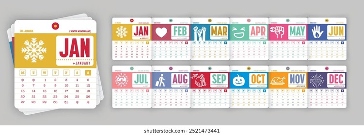 Calendario mensual minimalista 2025 con iconos coloridos y fechas para cada mes