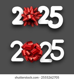 Minimalist 2025 typography featuring decorative red gift bows on a sleek dark background. Vector illustration.