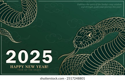 Minimalist 2025 Year of the Snake banner with golden coiled snake against a green background with swirling asian clouds. Snake as Oriental zodiac sign, Chinese horoscope symbol. New Year, Christmas