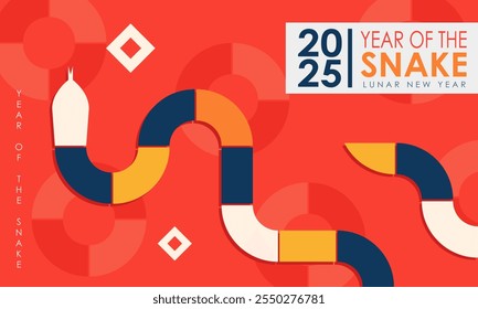 Minimalist 2025 Year of the Snake banner design. Modern trendy greeting card with geometric snake in white, orange, yellow, and navy on a red background with diamond accents and circular motifs