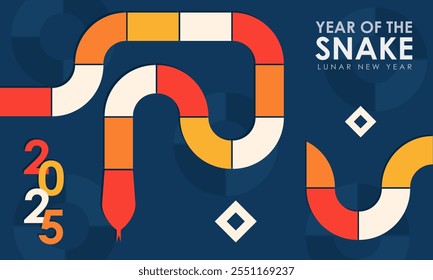Minimalist 2025 Year of the Snake banner, wide poster design . Modern greeting card with geometric snake in red, orange, yellow, white on navy blue background with diamond accents and circular motifs - Powered by Shutterstock - Get 15% off with code: PIKWIZARD15
