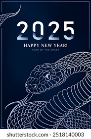 Minimalist 2025 Year of the Snake greeting card with silver coiled snake on dark blue background. Snake as Oriental zodiac sign, Chinese horoscope symbol. New Year, Christmas poster in Asian style