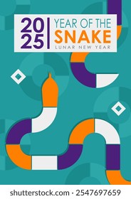 Minimalist 2025 Year of the Snake poster, trendy placard design. Modern Asian greeting card with geometric snake in orange, purple and white on cyan background with diamond accent and circular pattern