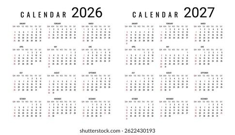 Minimalist 2026 2027 Calendar Template with Clean Black and Red Typography, Perfect for Business, Office, Corporate Planning and Personal Organization. Editable Layout Vector Illustration.