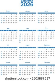 Minimalist 2026 calendar design in blue and white. Full year view with all months on one page. Clean, modern layout ideal for planning, scheduling, and organization. Vector template