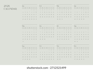 Modelo de vetor de calendário minimalista de 2026. Apresentando um layout limpo e elegante com uma paleta de cores monocromáticas sofisticadas. Ideal para impressão profissional e planejamento digital.