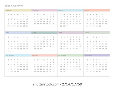 Una Plantilla de Vector minimalista de 2026. Cuenta con un diseño de cuadrícula limpia y etiquetas de mes en colores pastel suaves. Ideal para la planificación digital y la impresión de oficina moderna.