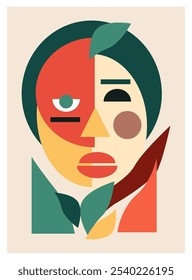 Minimalist 20s geometric design poster with stylized face, vector template