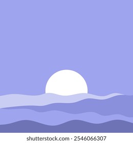 Uma ilustração geométrica 2D minimalista de ondas marinhas noturnas sob luar brilhante com cores violetas.