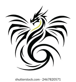 A minimalist 2D line vector of a dragon on a white background. The dragon is in a powerful pose, with wings spread wide and tail artistically curled, featuring tribal tattoo-inspired sharp 