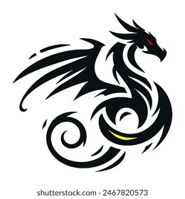 A minimalist 2D line vector of a dragon on a white background. The dragon is in a powerful pose, with wings spread wide and tail artistically curled, featuring tribal tattoo-inspired sharp 