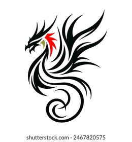 A minimalist 2D line vector of a dragon on a white background. The dragon is in a powerful pose, with wings spread wide and tail artistically curled, featuring tribal tattoo-inspired sharp 