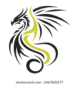 A minimalist 2D line vector of a dragon on a white background. The dragon is in a powerful pose, with wings spread wide and tail artistically curled, featuring tribal tattoo-inspired sharp 