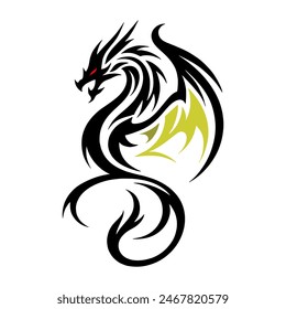 A minimalist 2D line vector of a dragon on a white background. The dragon is in a powerful pose, with wings spread wide and tail artistically curled, featuring tribal tattoo-inspired sharp 