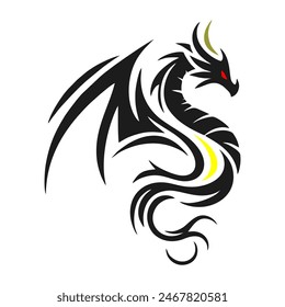 A minimalist 2D line vector of a dragon on a white background. The dragon is in a powerful pose, with wings spread wide and tail artistically curled, featuring tribal tattoo-inspired sharp 