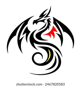 A minimalist 2D line vector of a dragon on a white background. The dragon is in a powerful pose, with wings spread wide and tail artistically curled, featuring tribal tattoo-inspired sharp 