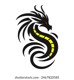 A minimalist 2D line vector of a dragon on a white background. The dragon is in a powerful pose, with wings spread wide and tail artistically curled, featuring tribal tattoo-inspired sharp 