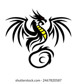 A minimalist 2D line vector of a dragon on a white background. The dragon is in a powerful pose, with wings spread wide and tail artistically curled, featuring tribal tattoo-inspired sharp 