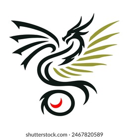 A minimalist 2D line vector of a dragon on a white background. The dragon is in a powerful pose, with wings spread wide and tail artistically curled, featuring tribal tattoo-inspired sharp 