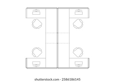 A minimalist 2d vector graphic of a office cubical design, highligthing clean lines and efficient use of space. Perfect for architectural plans and interior design concepts. Set 3
