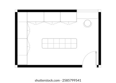 A minimalist 2d vector graphic of a walk-in closet design, highligthing clean lines and efficient use of space. Perfect for architectural plans and interior design concepts. Set 3
