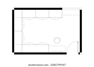 A minimalist 2d vector graphic of a walk-in closet design, highligthing clean lines and efficient use of space. Perfect for architectural plans and interior design concepts. Set 1
