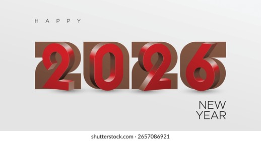 Tipografia minimalista 3D 2026 com cores vermelho e marrom em fundo branco limpo. Excelente para elegantes banners de celebração de Ano Novo, cartazes e cartões de felicitações