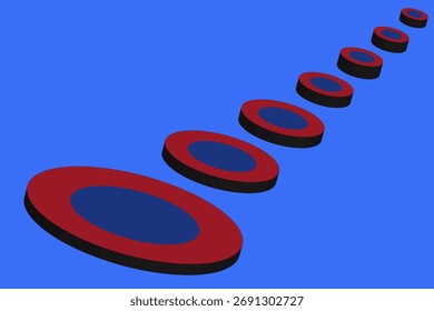 Un fondo abstracto minimalista en 3D con una línea descendente de círculos marrones y azules con bordes negros, creando un sentido de perspectiva sobre un fondo azul sólido.