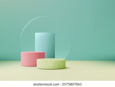 Minimalist 3D arrangement of pastel cylinders in pink, green, and blue on a light yellow surface with a mint green backdrop. Transparent glass arc modern touch for product displays and mockups