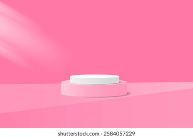 Minimalist 3D background illustration with a cylindrical podium layered in pink and white, diagonal light effects and soft gradations. Suitable for product presentations, cosmetic design and branding.