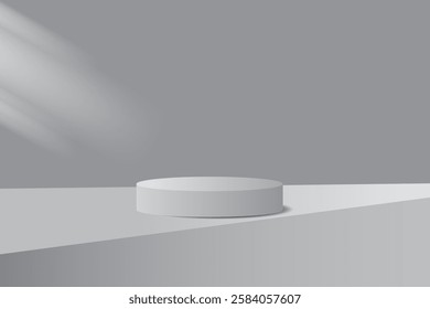 Minimalist 3D background illustration with a gray cylindrical podium, diagonal light effects and soft gradations. Suitable for product presentations, cosmetic design and branding.