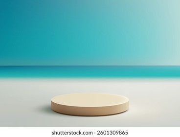 minimalist 3d beige circular platform sits on a sandy beach against a gradient blue sky and ocean horizon, product display mockups, nature summer concepts, and modern showcases