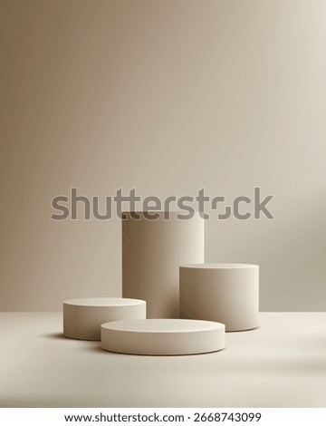 minimalist 3d beige podium display with four cylindrical stands in a soft studio background, ideal for product presentation, branding design, modern advertising, and cosmetic promotion