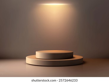 Minimalist 3D beige podium with two cylindrical tiers bathed in a warm spotlight. Product displays, mockups, or showroom setups with an elegant and modern aesthetic.