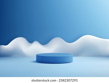 Minimalist 3d blue cylinder pedestal stands in a serene gradient sky background, perfect for product display, mockup, or presentation concepts with an ethereal and modern aesthetic