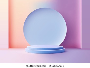 Minimalist 3D Blue Podium with Circle Backdrop in Pastel Background for Product Display and Mockup Showcase