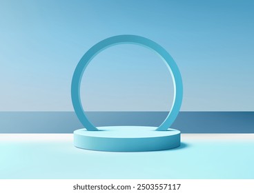 Minimalist 3D Blue Podium with Blue Ring Arch Against Ocean and Sky Backdrop, Elegant Nature Concept for Product Display, Mockup, Showroom, and Showcase