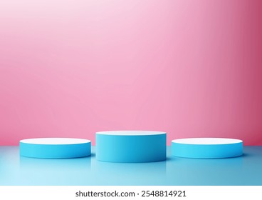 Minimalist 3D blue podium setup on a vibrant pink wall and glossy blue surface, product mockups, marketing visuals, or creative design concepts with sleek geometric elegance